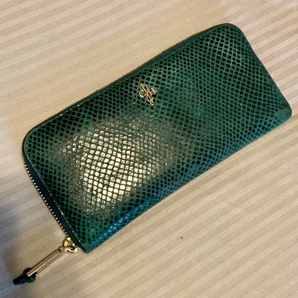 Teal snake print leather Cole Haan zip wallet